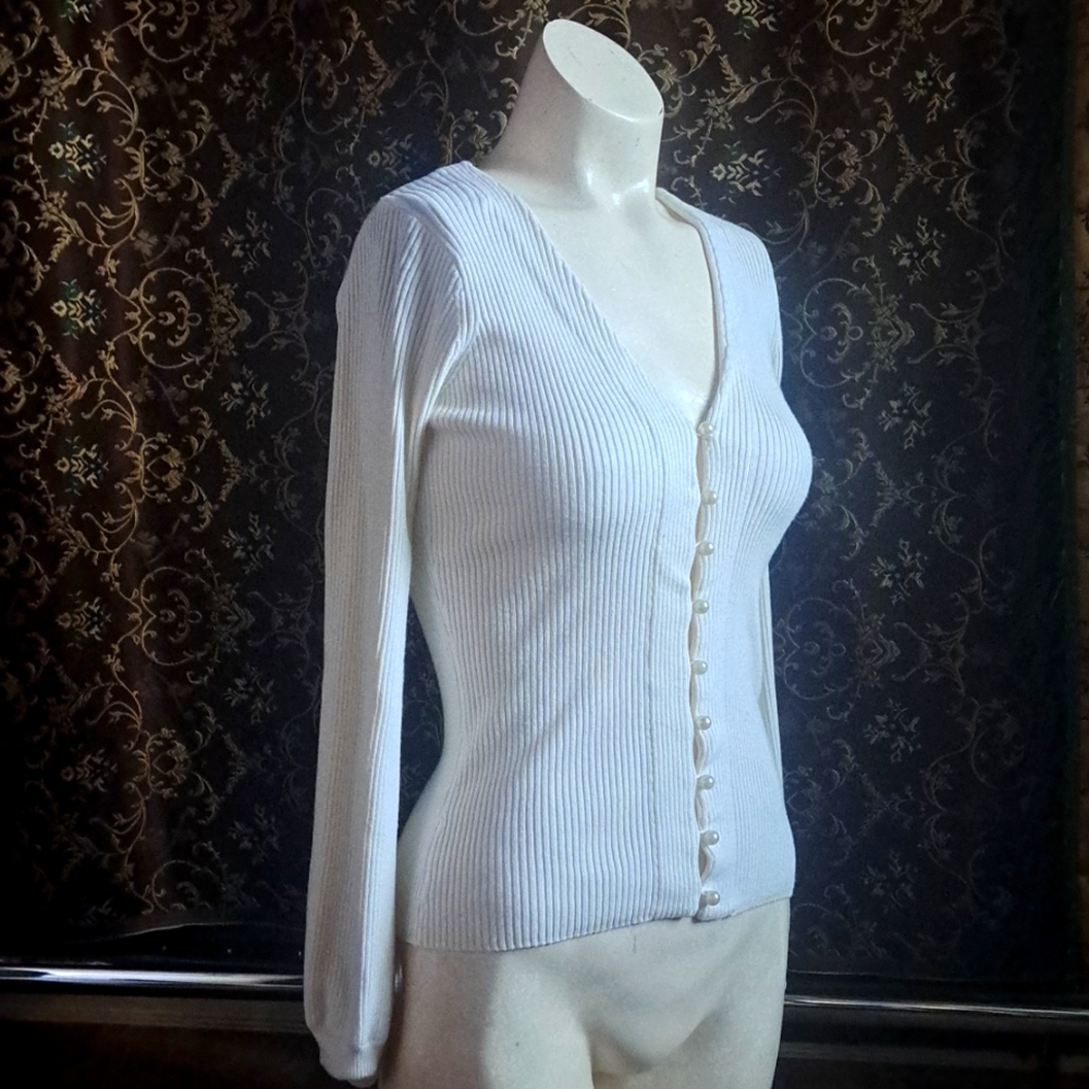 Cute Cream White Pearl Button Cardigan Sweater Long bishop Sleeve
